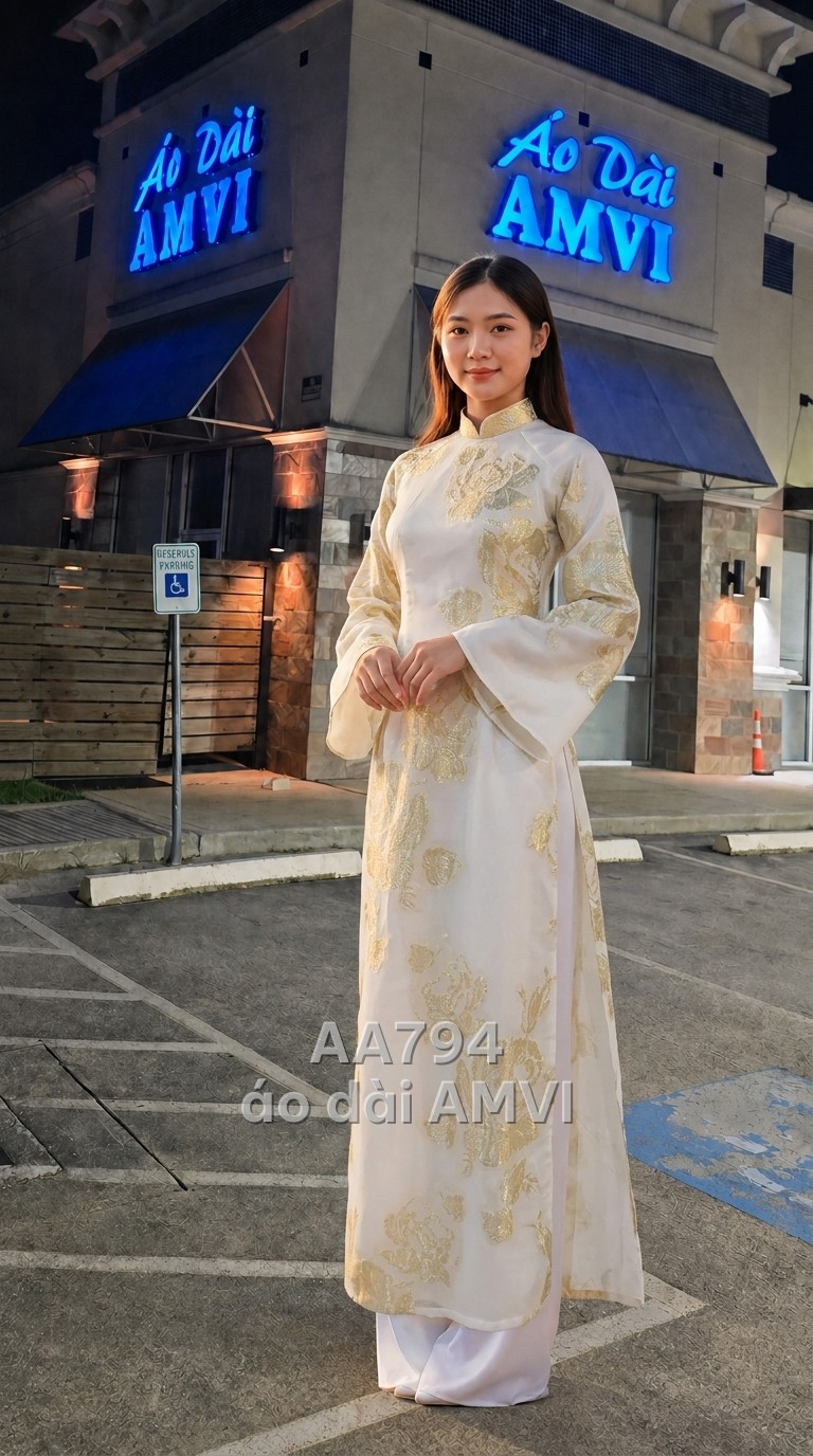 Cream bridal áo dài with beadwork on a wedding dress form — matching couple áo dài in brocade — cream