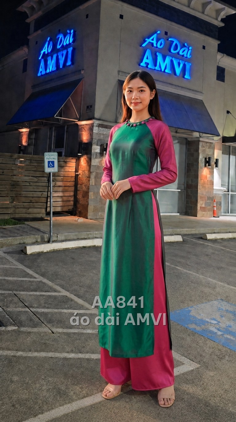 Custom áo dài with mandarin collar and long sleeves in traditional A-line silhouette at AMVI Houston — Áo / Cổ Tròn / Polyest
