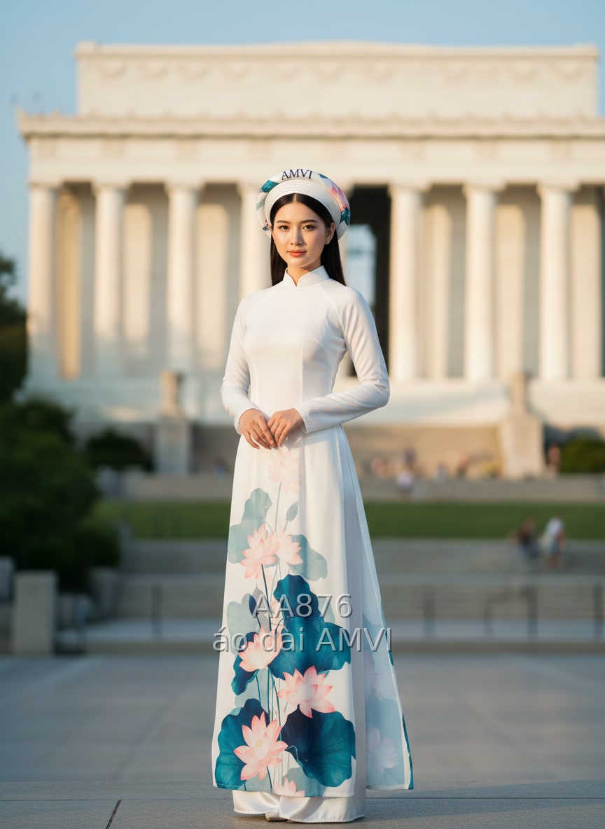 Custom áo dài with mandarin collar and long sleeves in traditional A-line silhouette at AMVI Houston — Áo / Cổ Tròn / Polyest