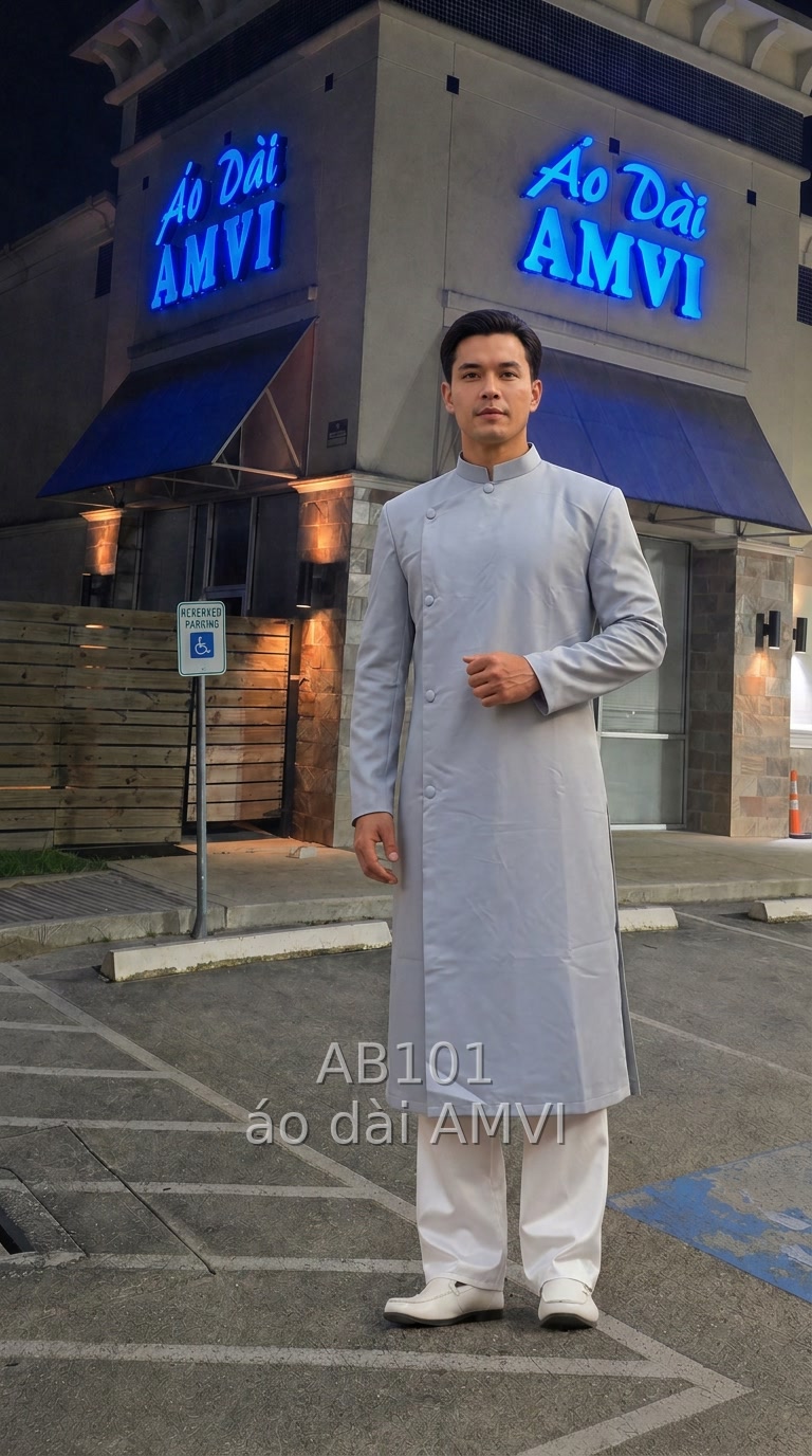 áo dài phù rể màu xanh có thêu cho đám cưới Việt