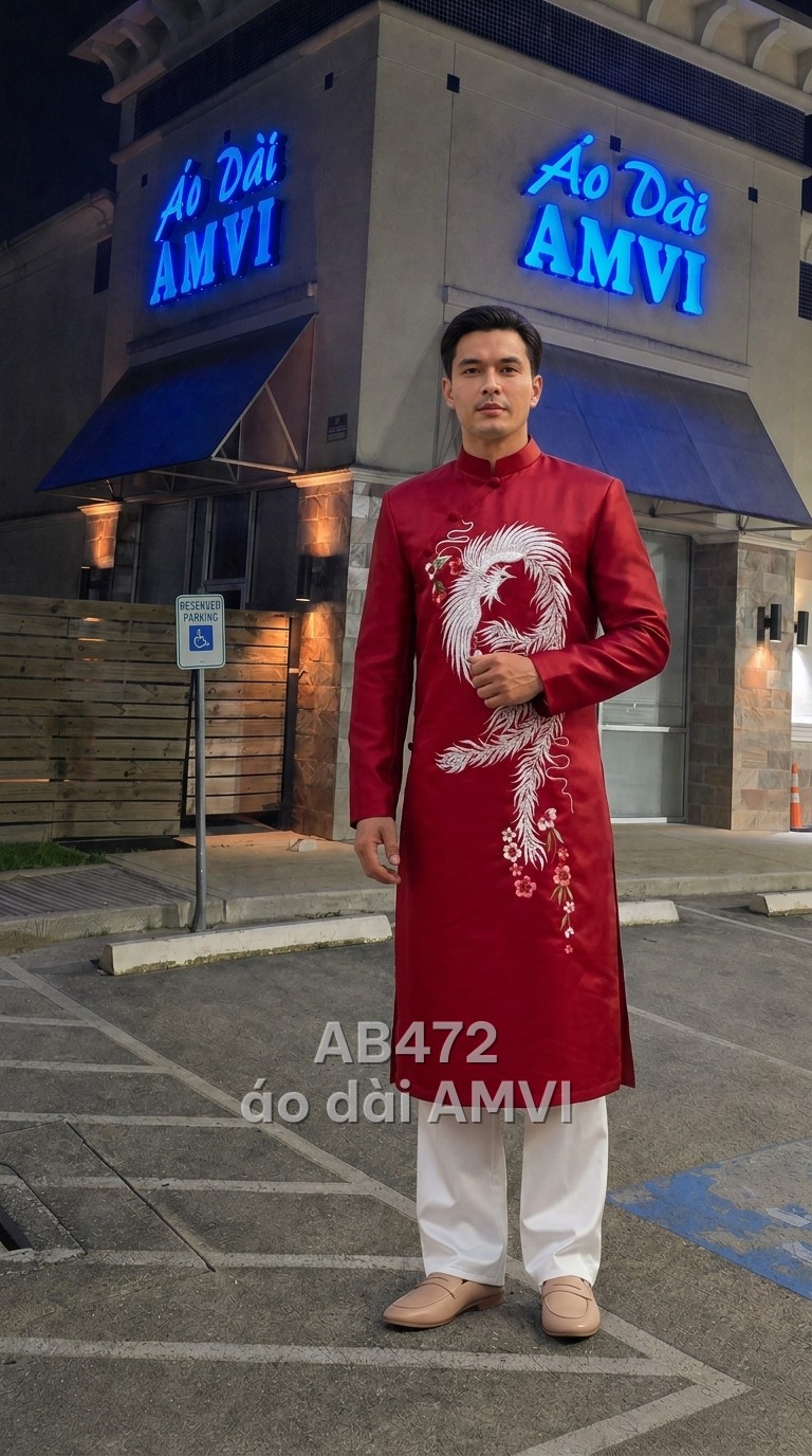 Red bridal áo dài with gold embroidery detail on silk fabric — groom's áo dài with embroidery — red