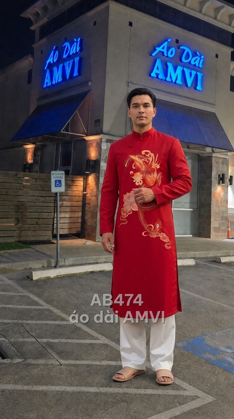 Red khăn đóng, a Vietnamese bridal headpiece worn with the áo dài — groom's áo dài with embroidery — red