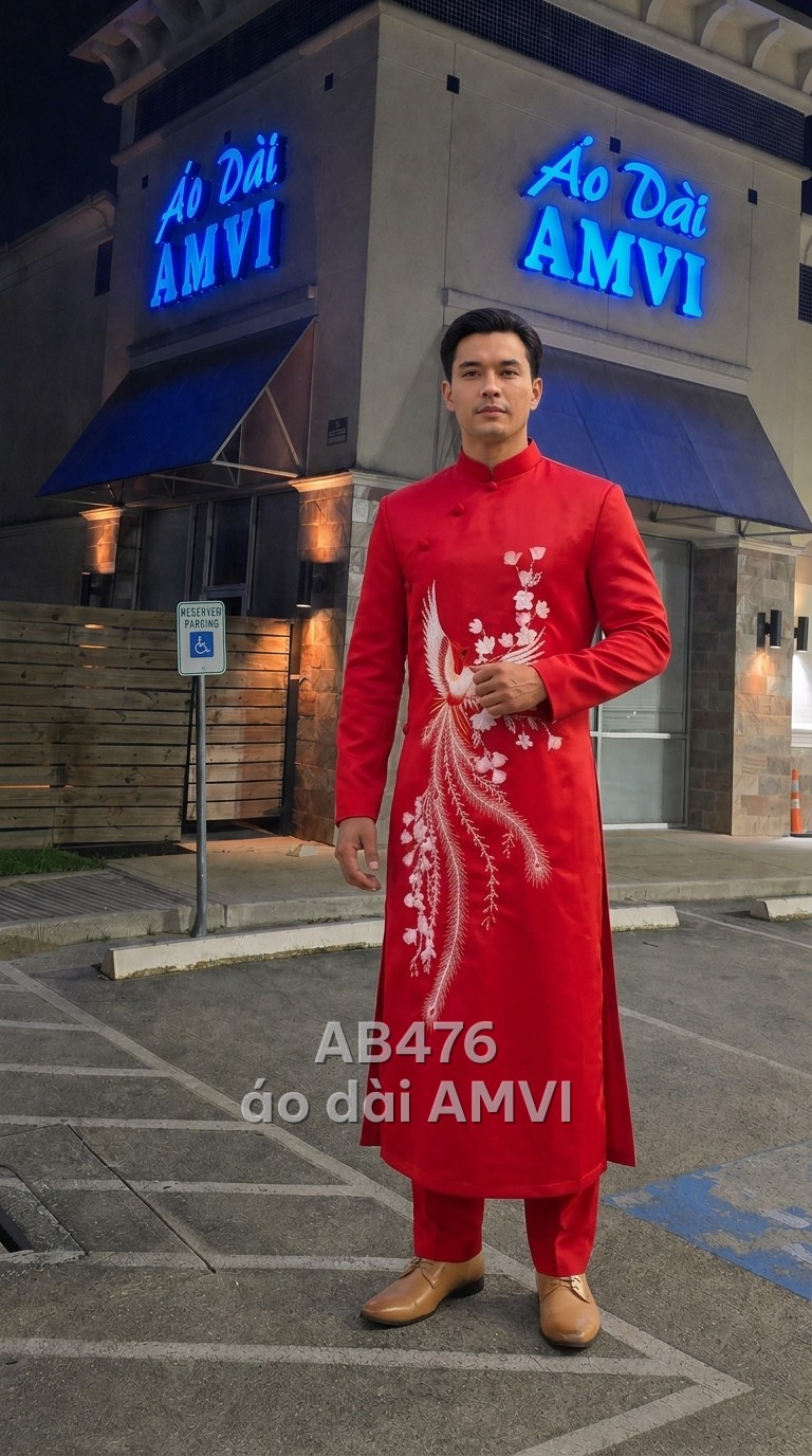 Cream bridal áo dài with beadwork on a wedding dress form — groom's áo dài with embroidery — red