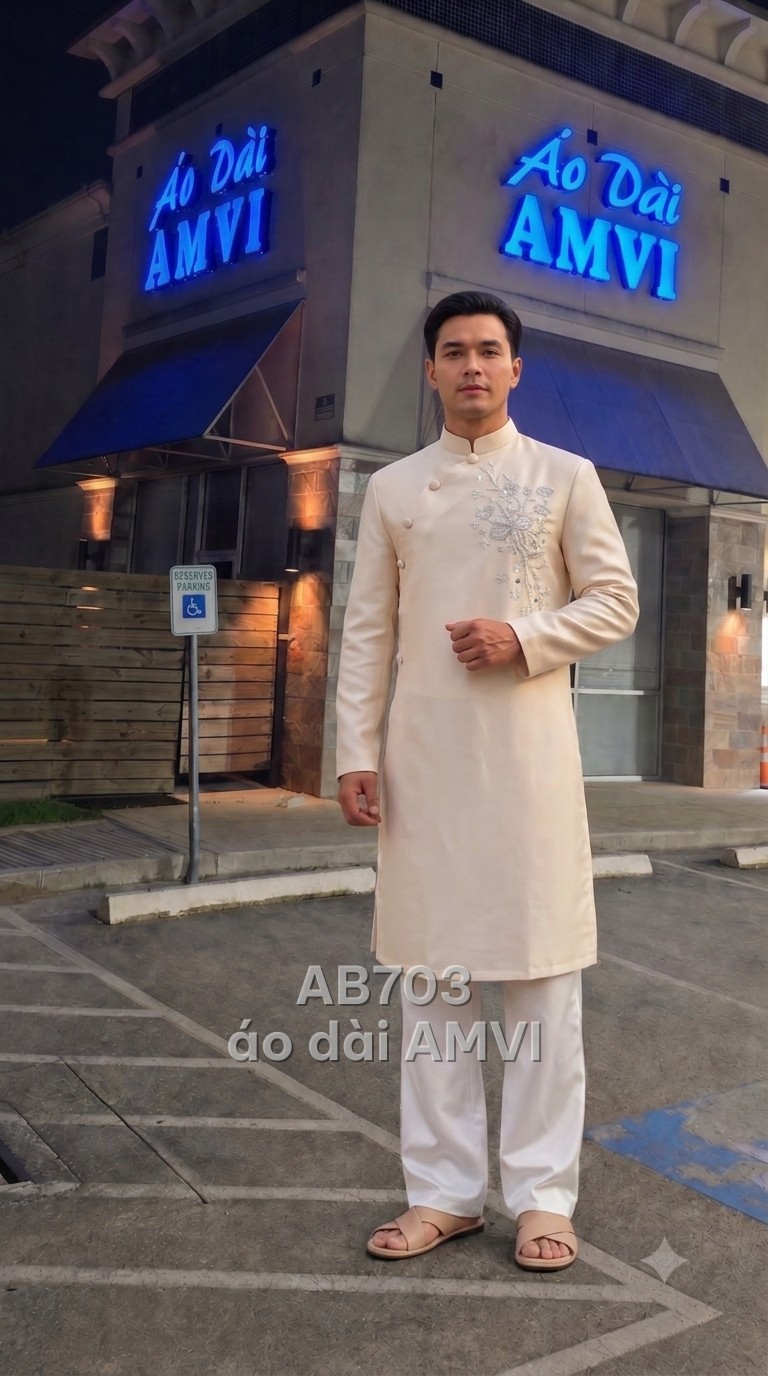 Bride wearing a red bridal áo dài with embroidery — groom's áo dài with beadwork — cream