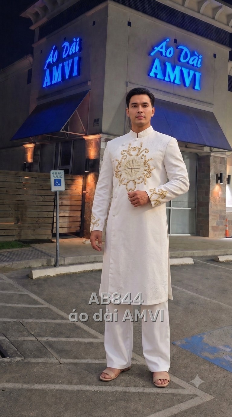 Red bridal áo dài with embroidery from AMVI in Houston — groom's áo dài with beadwork — cream