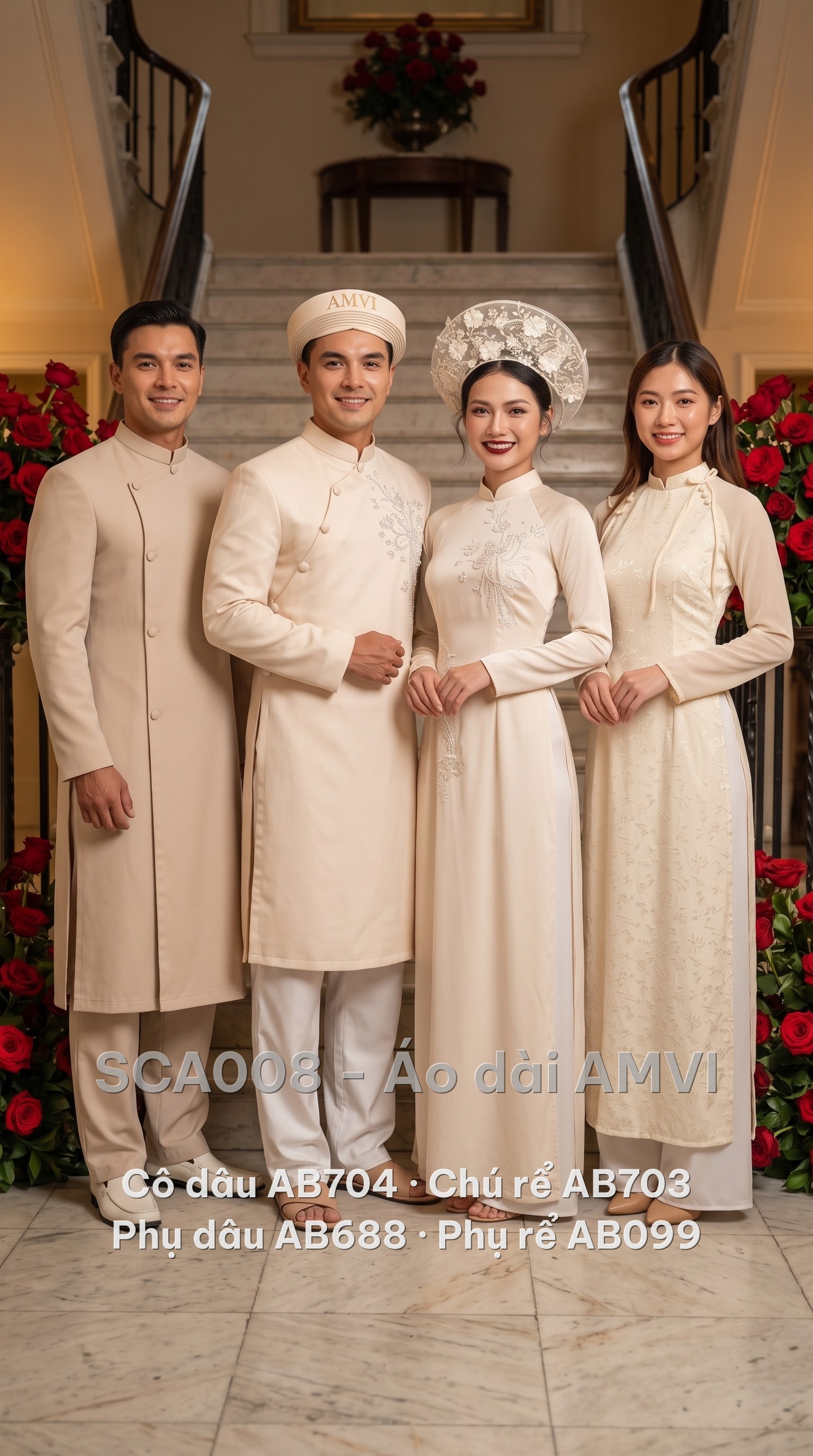 Set đám cưới Kem Hoa SCA008 — cô dâu, chú rể, phụ dâu, phụ rể