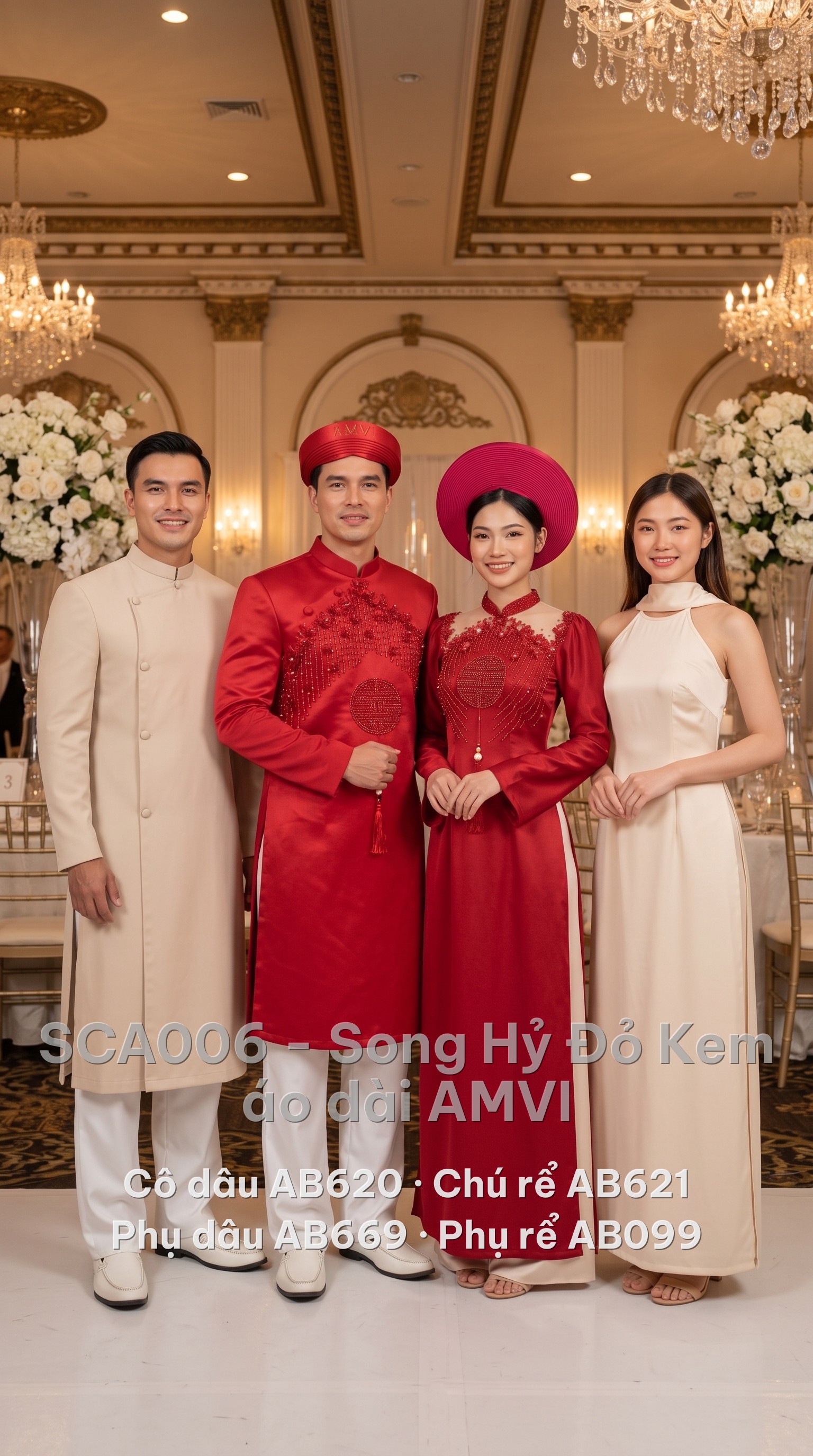 Song Hỷ Đỏ Kem Wedding Set SCA006 — bride, groom, bridesmaid and groomsman