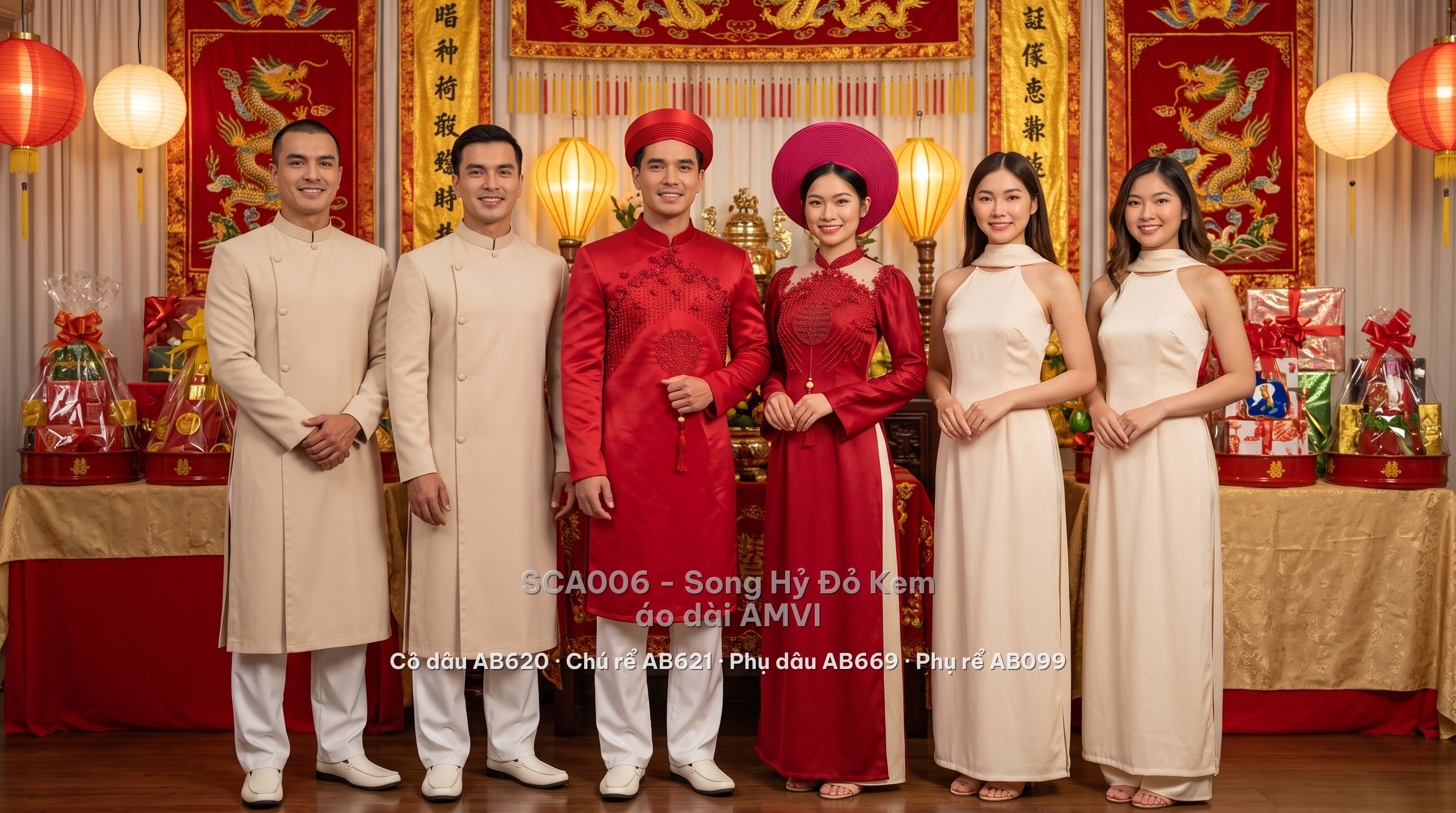 Song Hỷ Đỏ Kem Wedding Set SCA006 — bride, groom, bridesmaids and groomsmen (6 people)