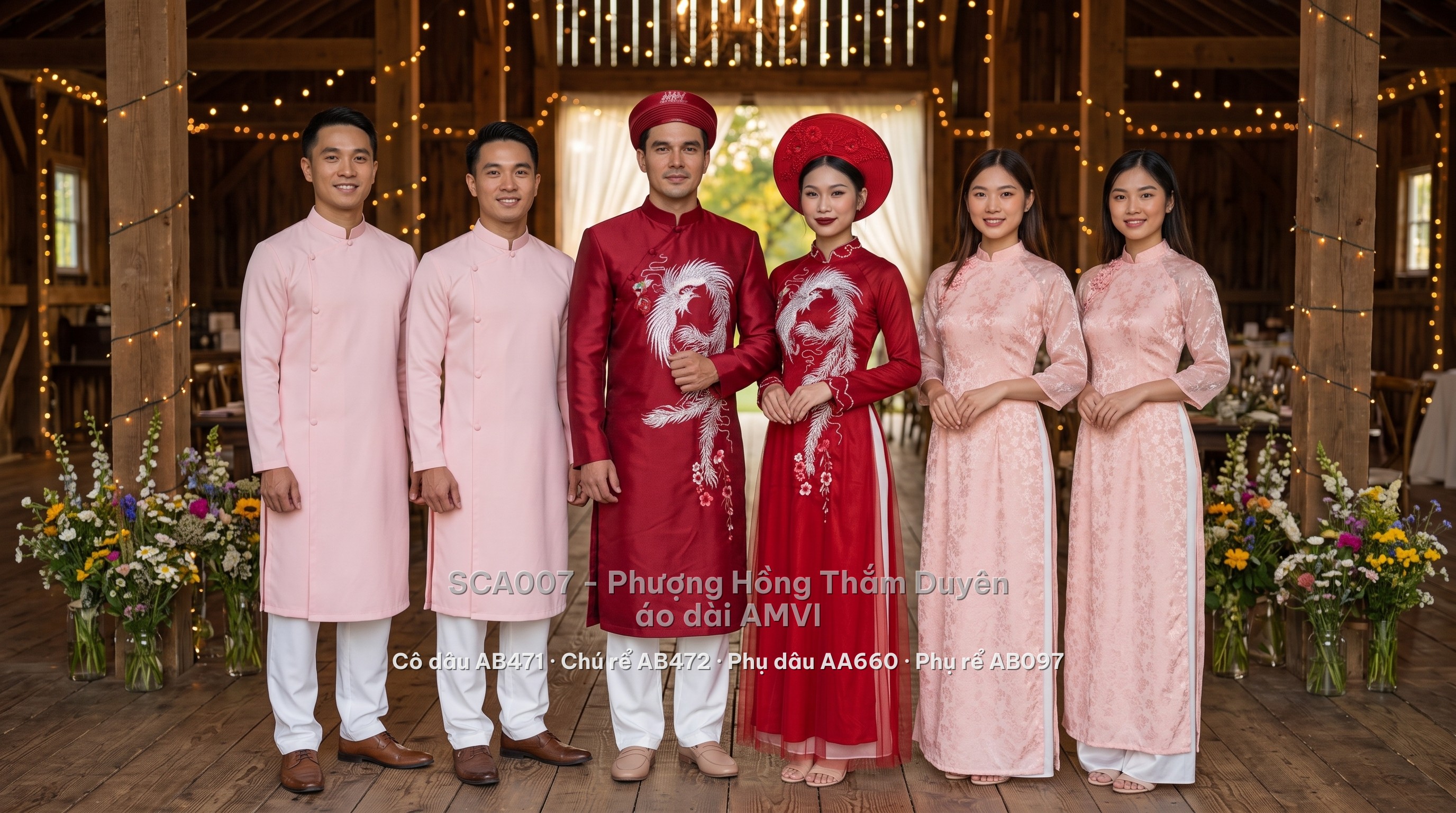 Phượng Hồng Thắm Duyên Wedding Set SCA007 — bride, groom, bridesmaids and groomsmen (6 people)